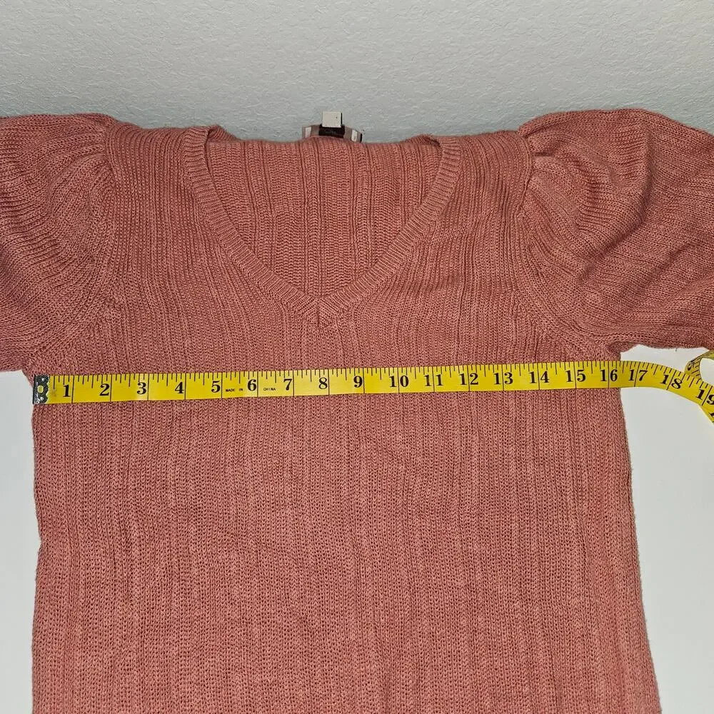 LOFT Outlet Dusty Pink Ribbed Knit V-Neck Puff Sleeve Sweater Sz Small Peasant
